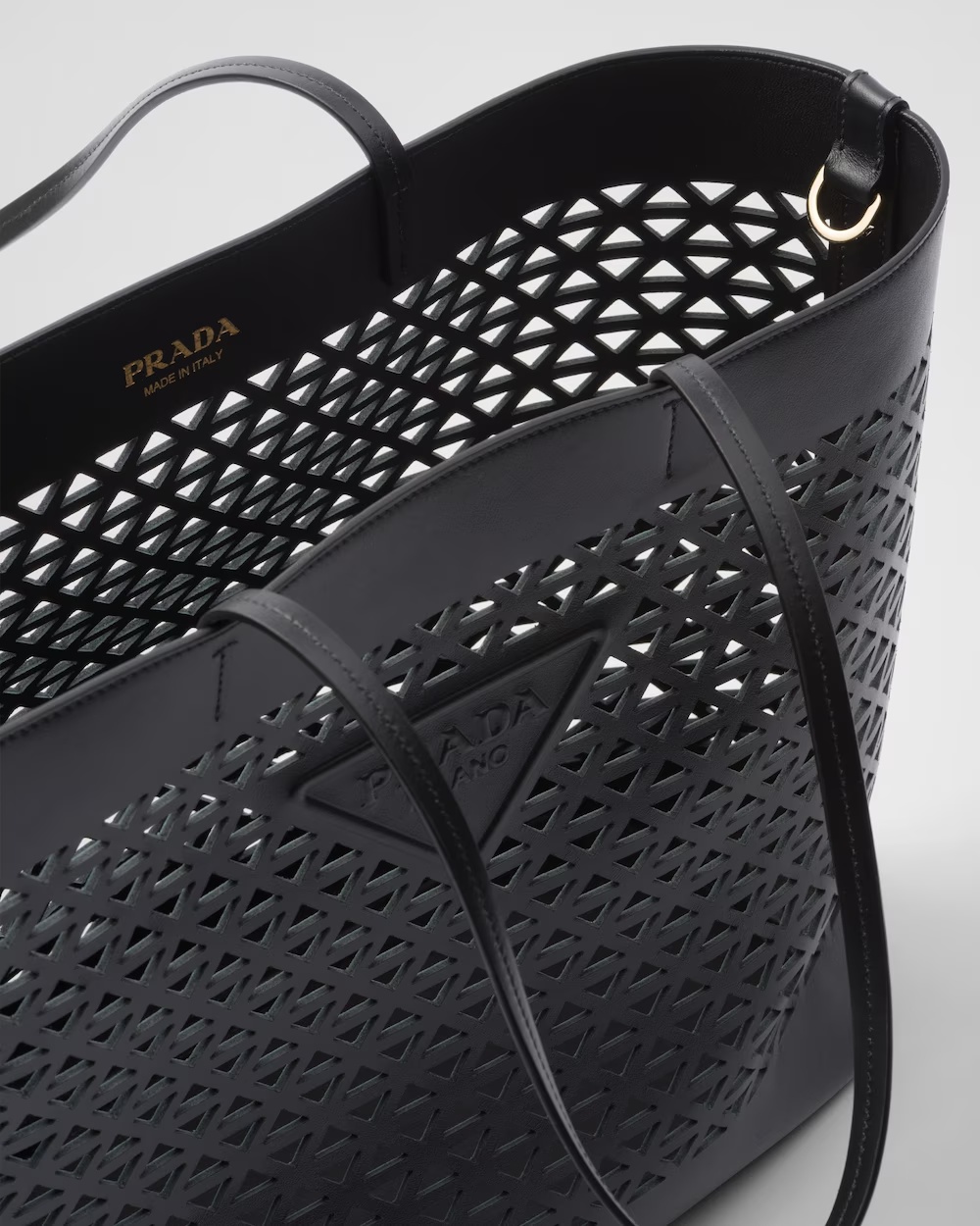 Prada Large Black Perforated Leather Shopping Bag Women In Black