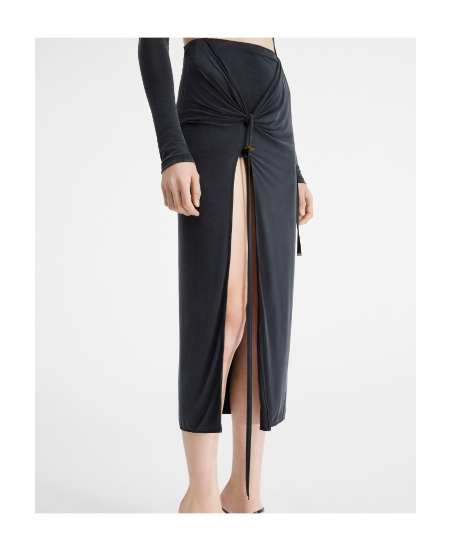Jacquemus Pareo Croissant Buckle Slit Long Skirt In Black
