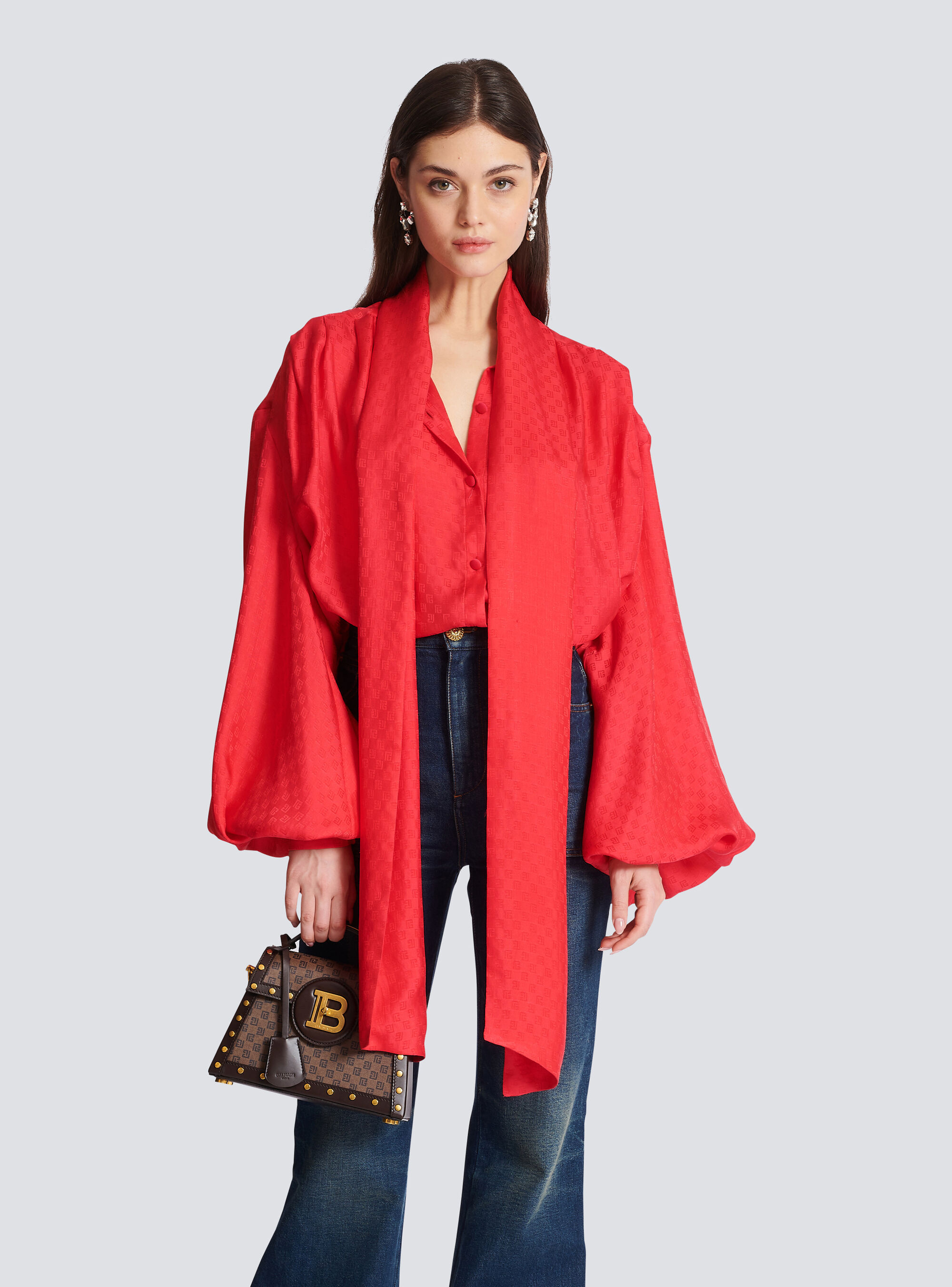 Balmain Monogram-jacquard Silk Shirt In Red