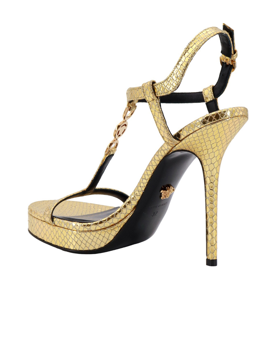 Versace Womens T-bar 95 Metallic-leather Heeled Sandals Gold In Nude