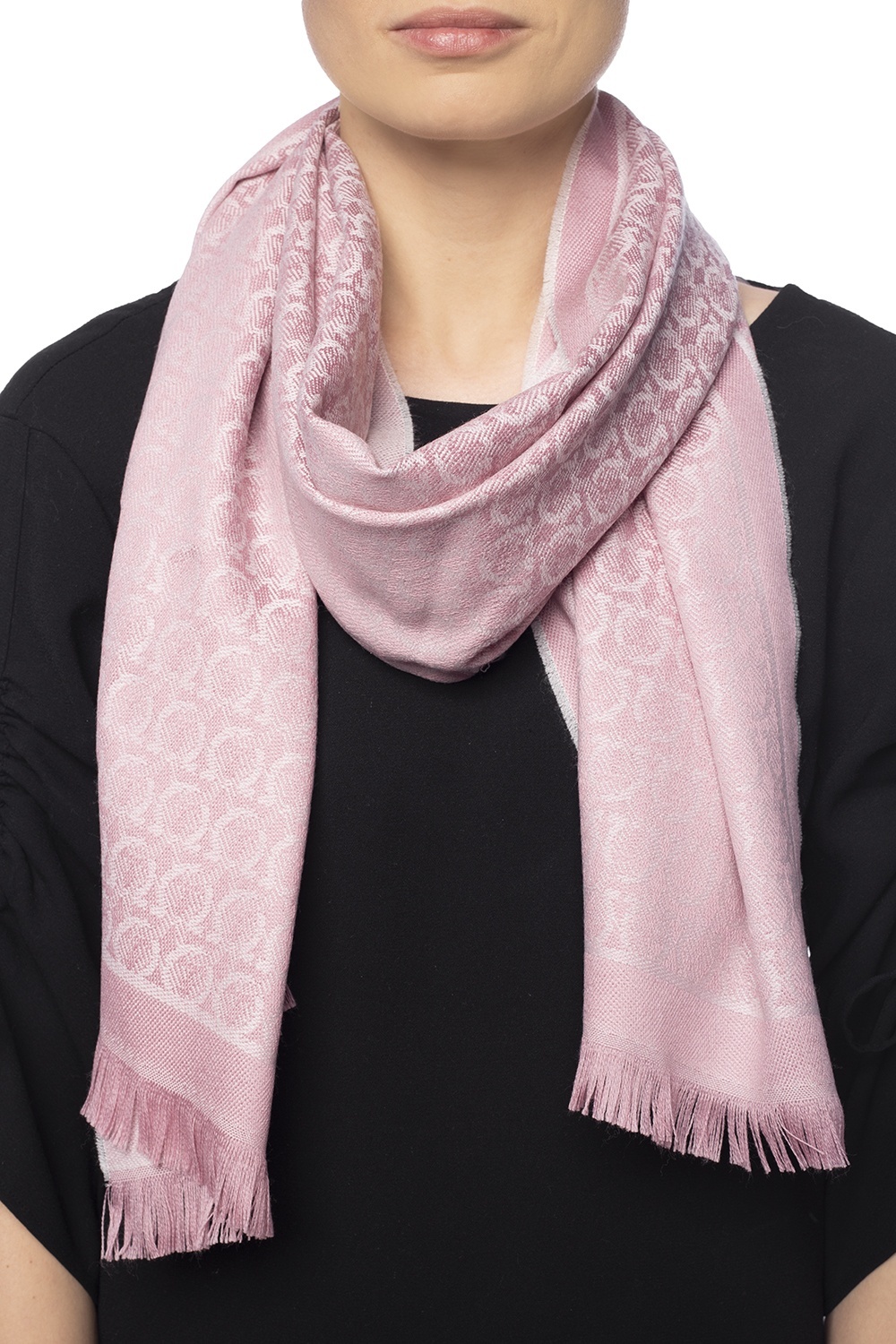 Ferragamo Gancini Patterned Fringed Edge Scarf In Pink