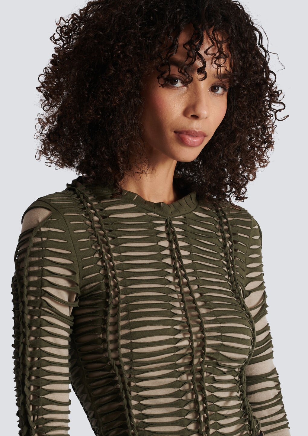 Balmain Two-tone Laser-cut T-shirt In Brown
