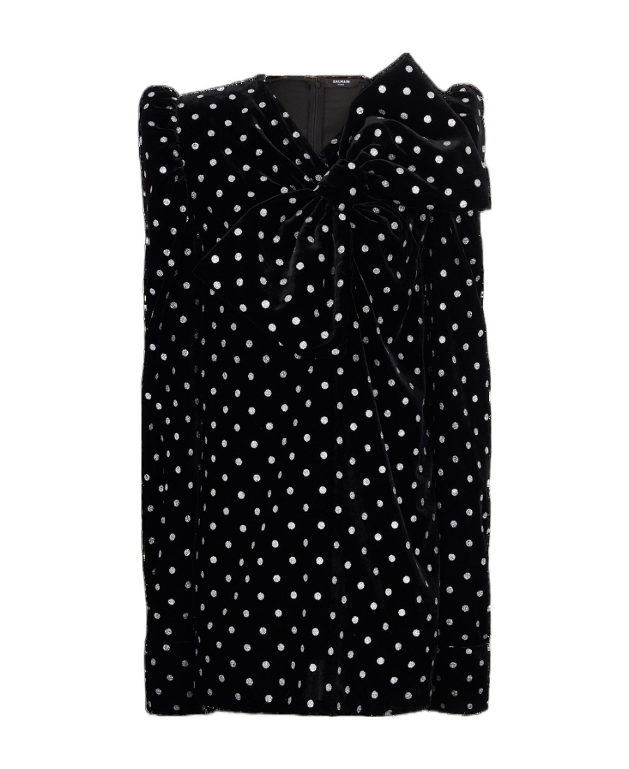 Shop Balmain Short Dress With A Large Bow And Glitter Polka Dots In Black
