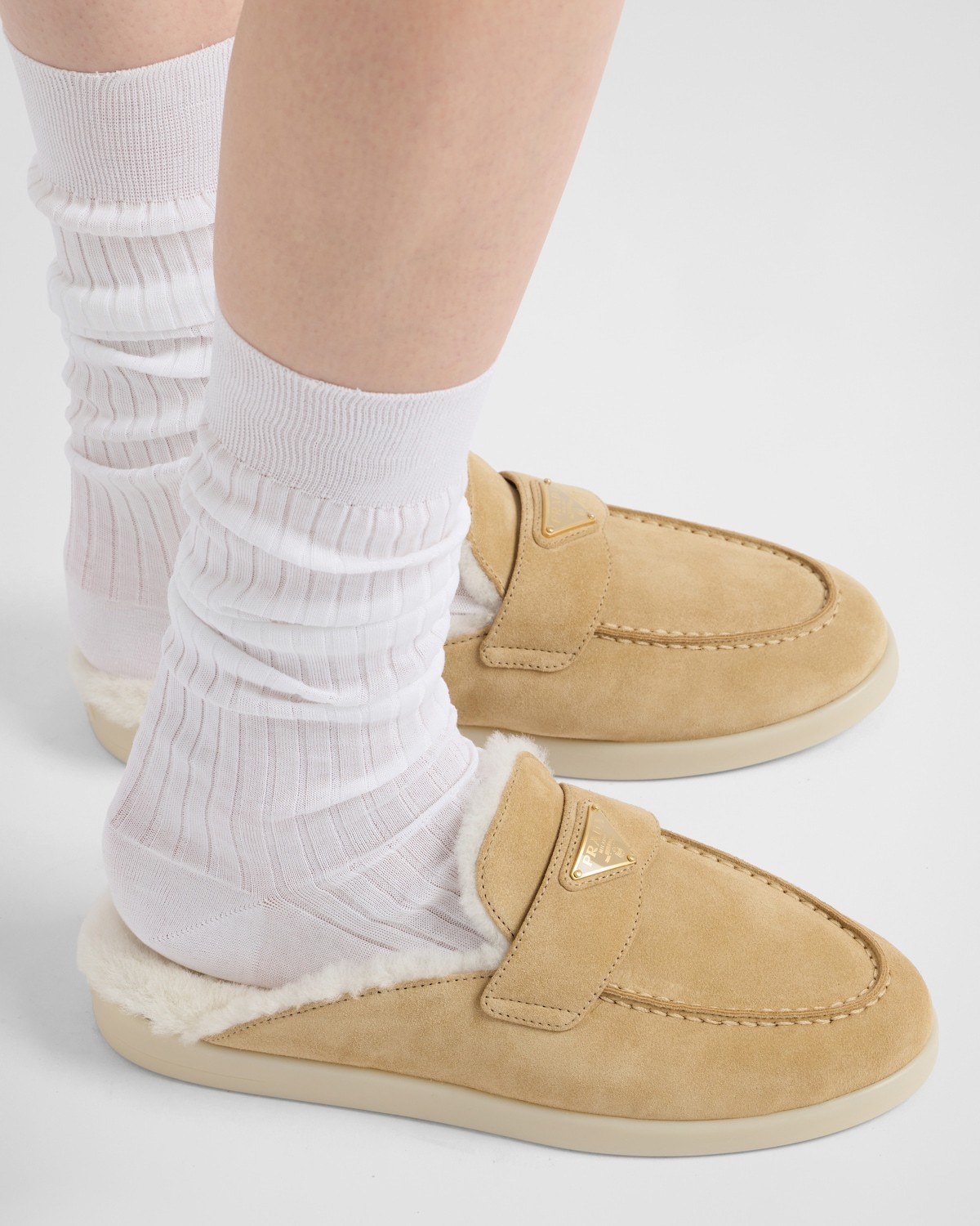 Prada Suede And Shearling Mules In True Color
