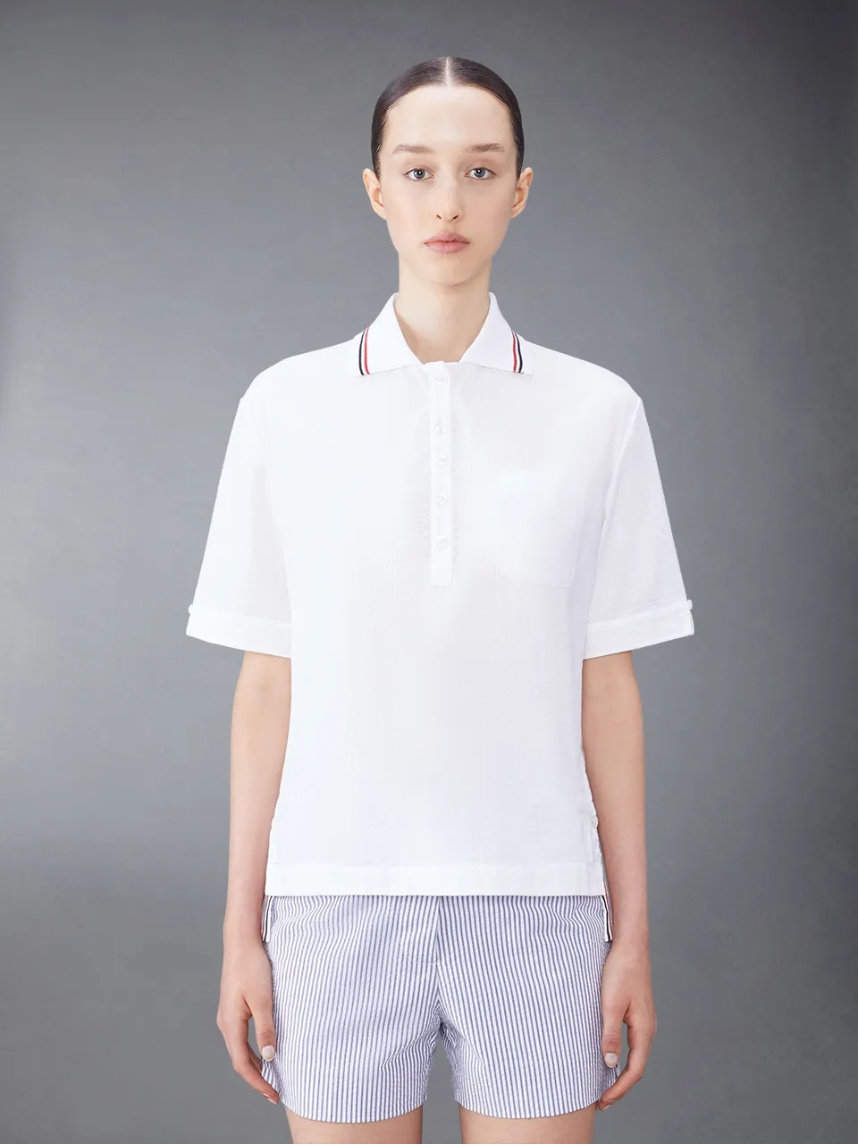 Thom Browne Striped Collar Embroidery Polo Shirt In White