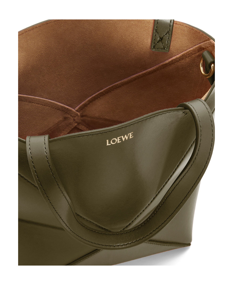 Loewe Mini Puzzle Fold Tote In Shiny Calfskin In Green