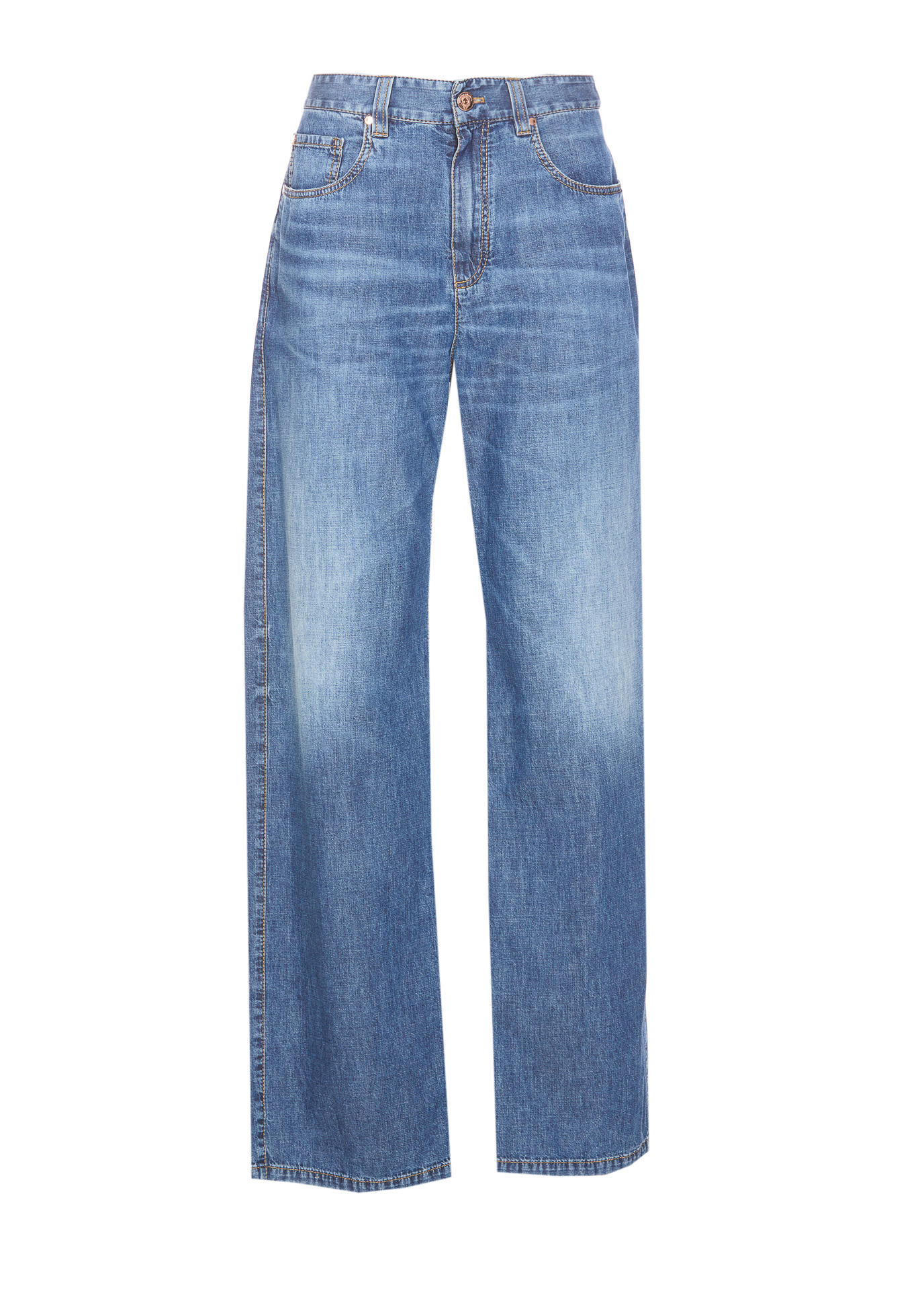 Brunello Cucinelli Wide-leg Blue Jeans With Whiskering Effect And Classic Five-pocket Design In Blue