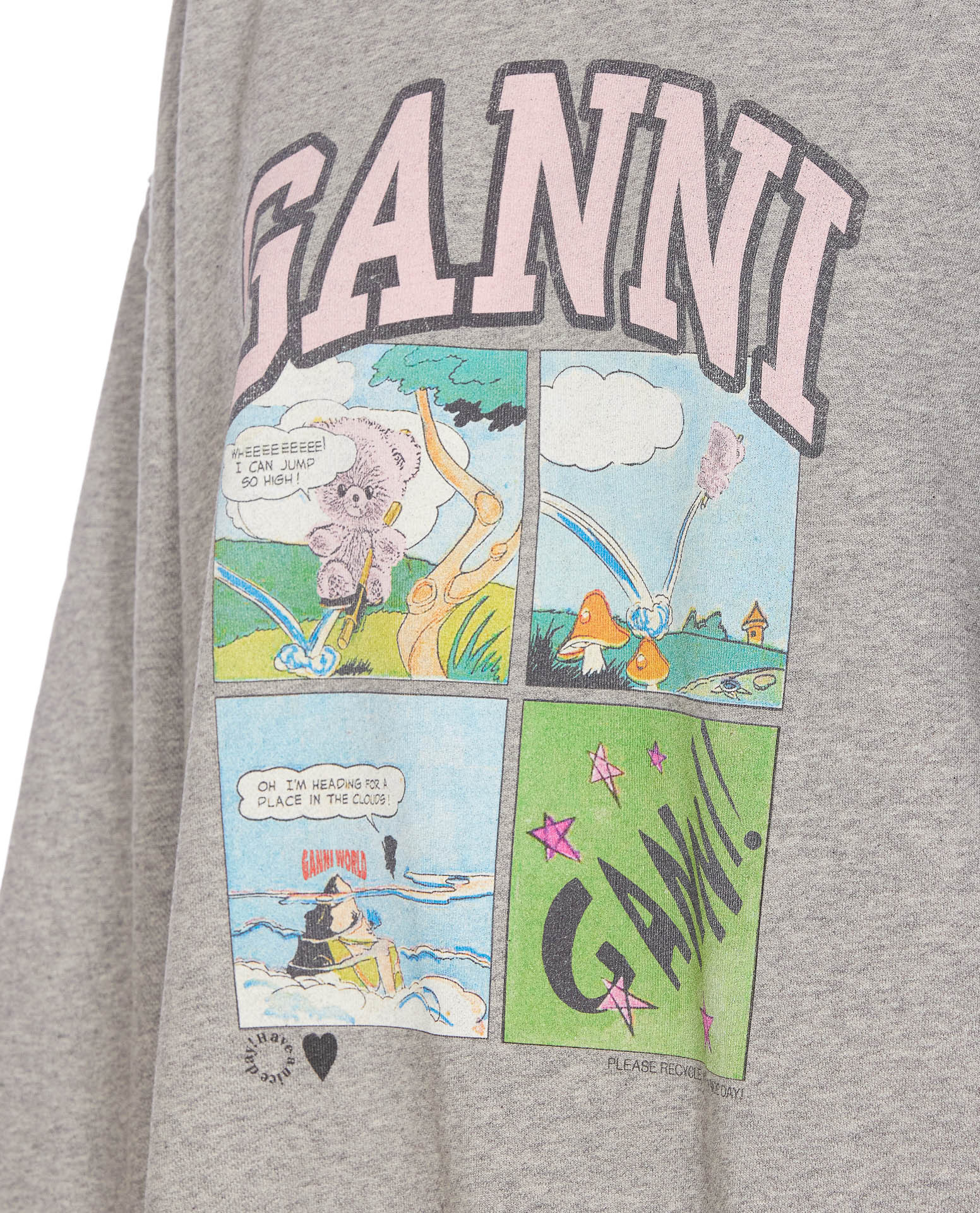 Ganni Oversized Sweatshirt With Playful Graphic Print In Gray