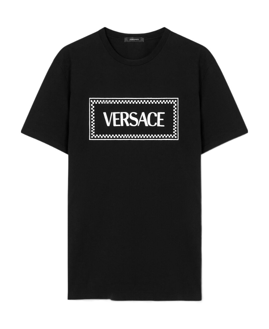 Shop Versace Logo-embroidered Cotton T-shirt In Black