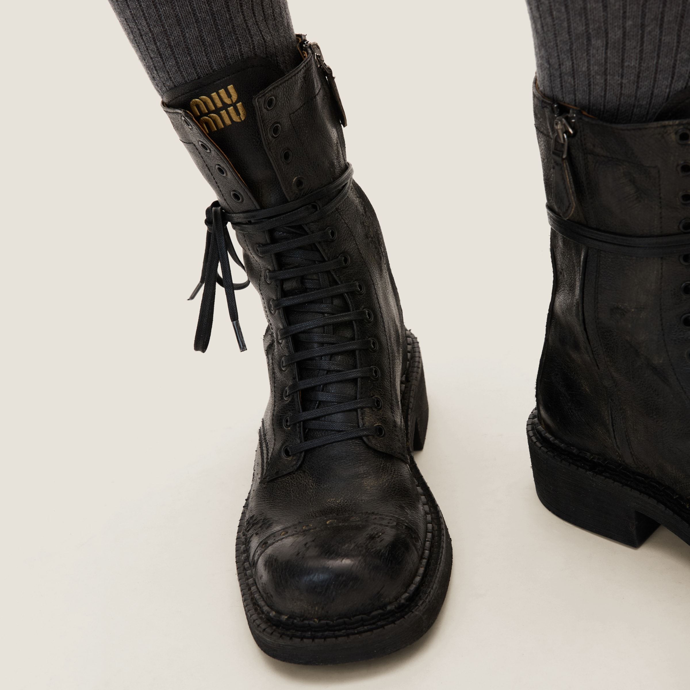 Miu Miu Calfskin Cap-toe Combat Boots In Black
