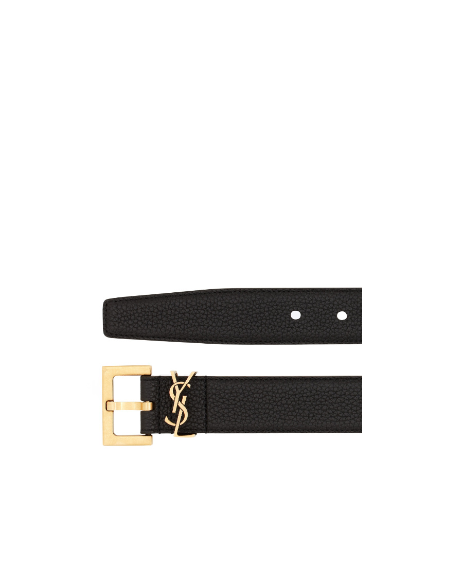 Saint Laurent Cassandre Belt With Square Buckle In Hammered Leather In Black