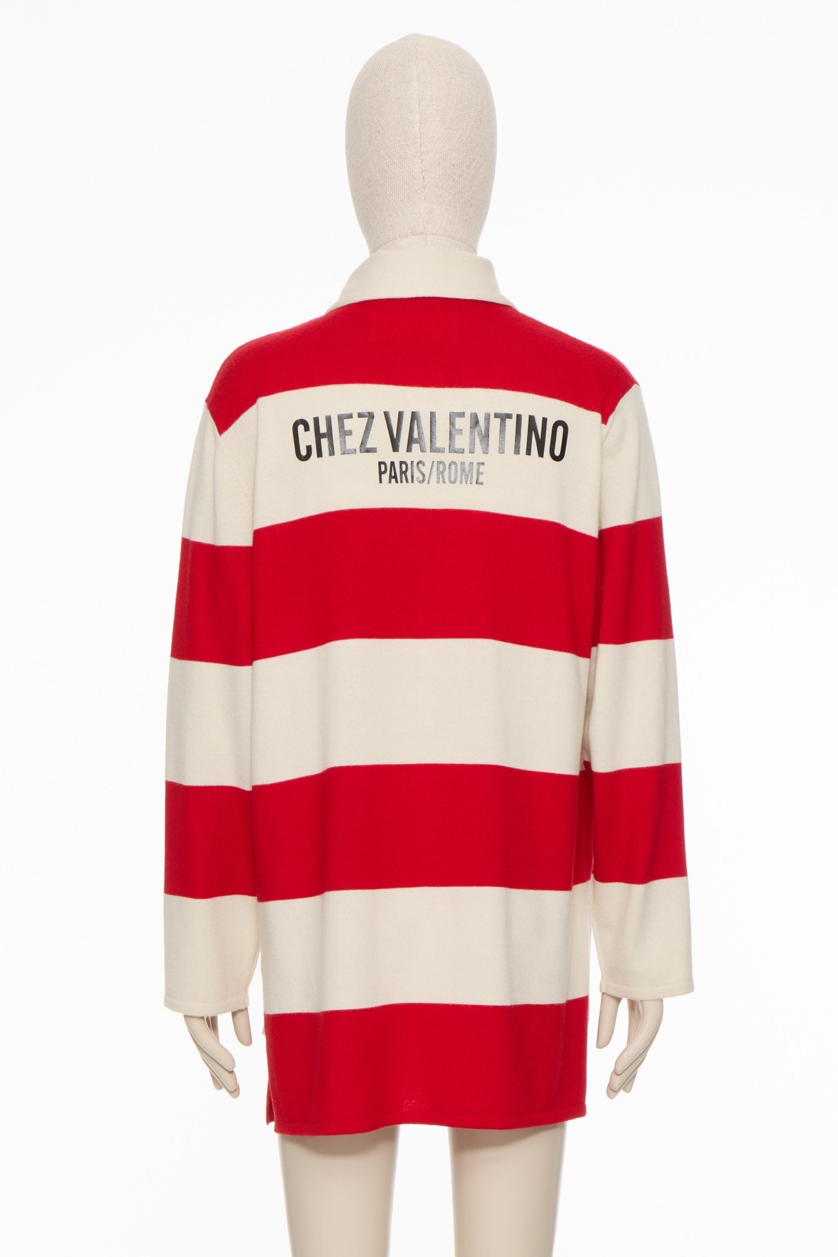 VALENTINO LONG-SLEEVED POLO SHIRT IN STRIPED WOOL WITH CHEZ VALENTINO PRINT 