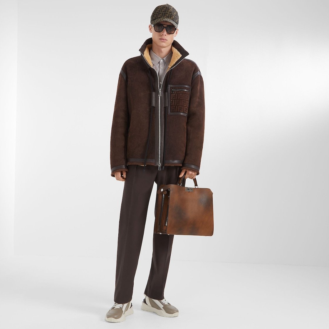 Fendi Logo-embossed Shearling Jacket In Brown