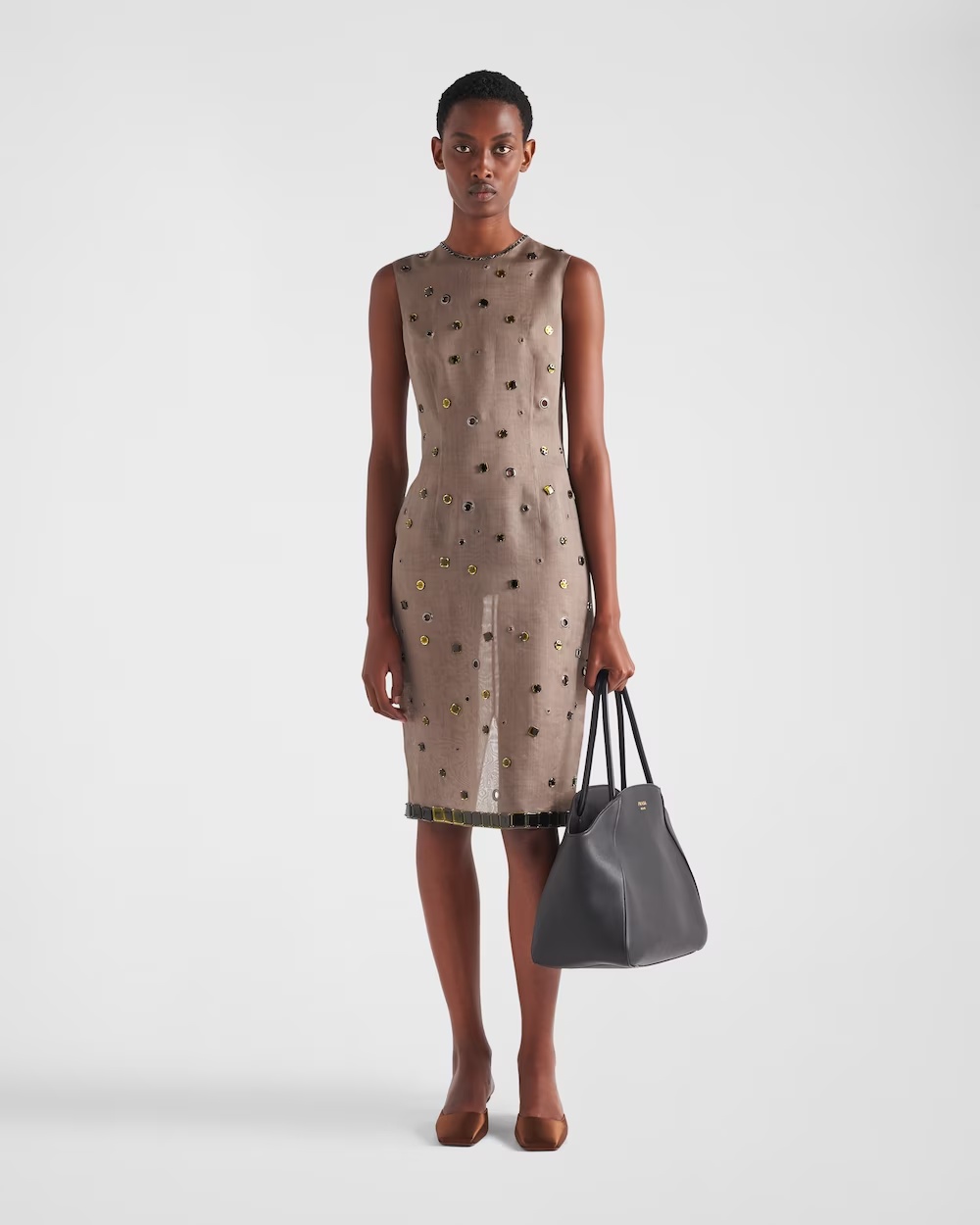 Prada Embroidered Sheer Silk Midi Dress In Military Green