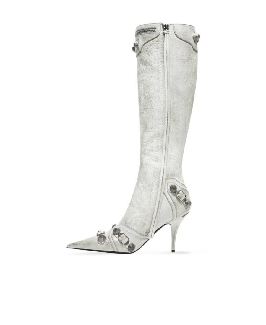 Balenciaga Cagole Leather Knee Boots With Stiletto Heel In White
