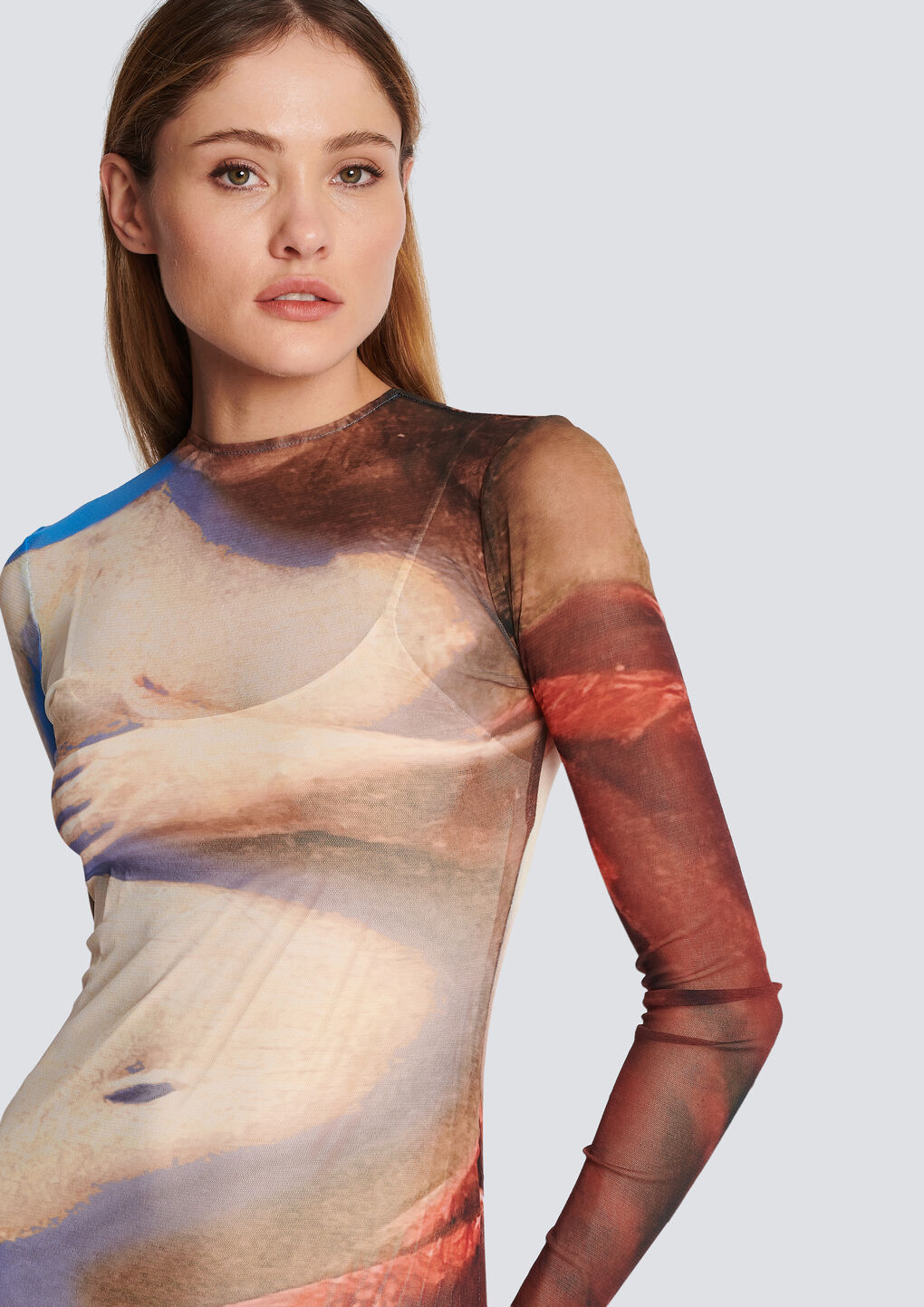 Balmain Trompe-l'oeil Printed Tulle Maxi Dress In Multicolor