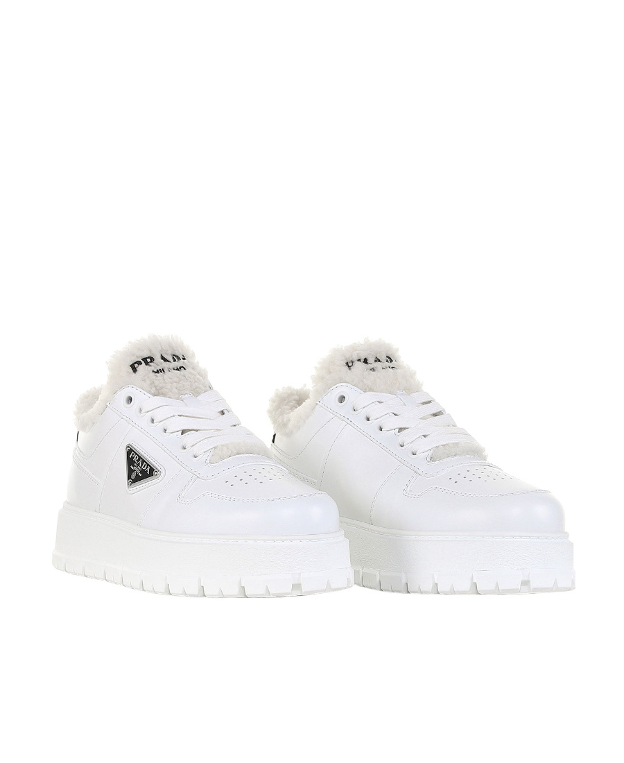 Prada Leather Shearling Lug-sole Sneakers In White