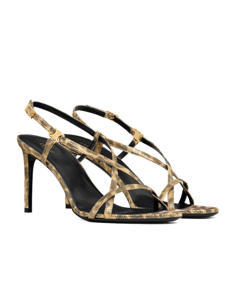 CELINE CELINE SOIR CRISS CROSS SANDAL WITH TRIOMPHE IN LEOPARD PRINTED LAMINATED SUEDE CALFSKIN