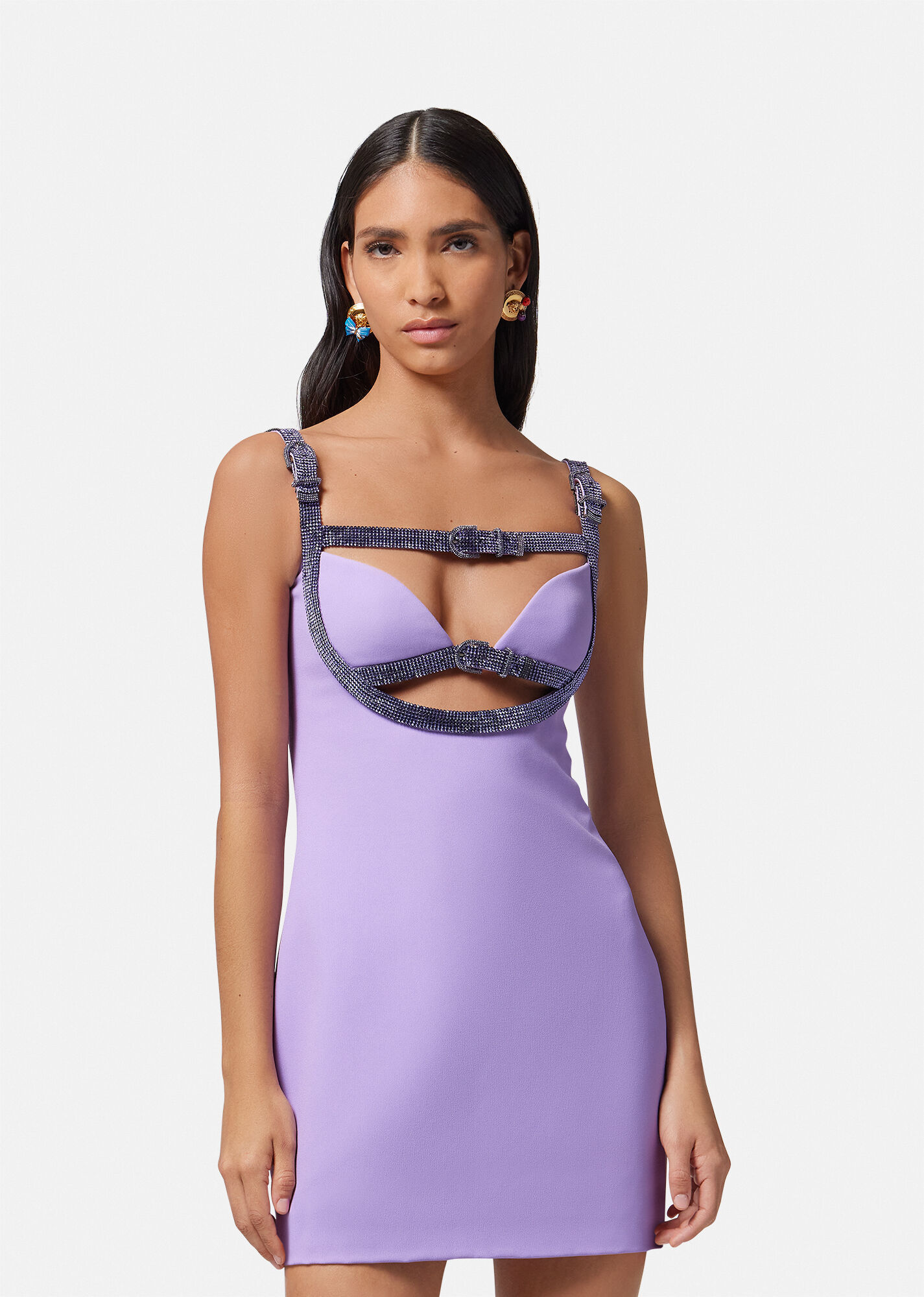 Shop Versace Embellished Cut-out Sleeveless Mini Dress In Blue