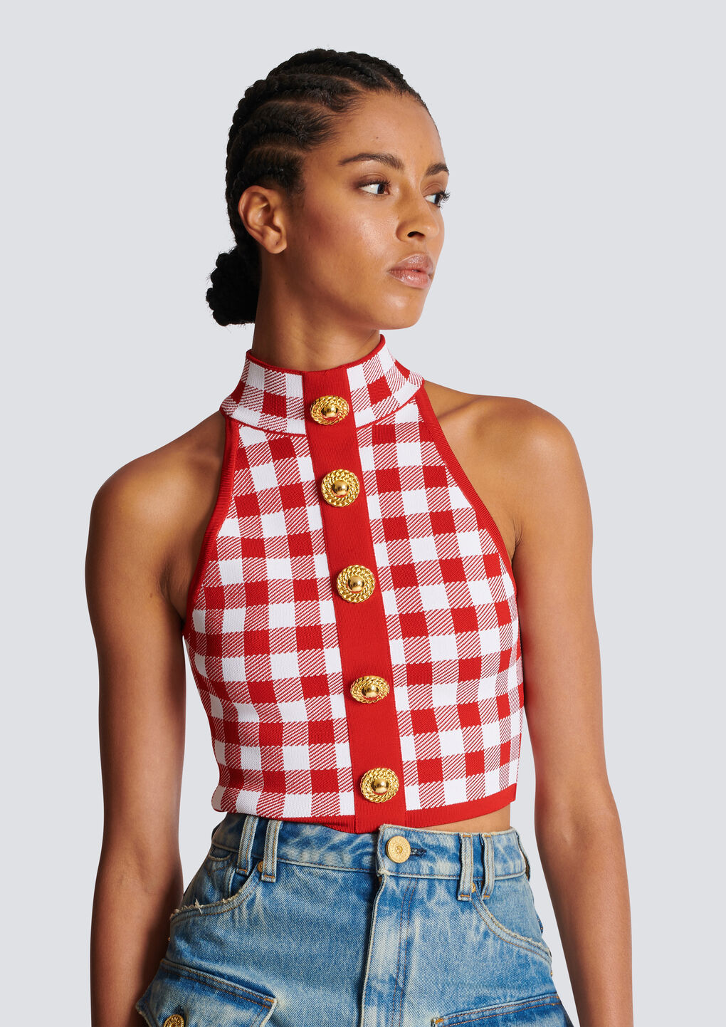 Balmain Cropped Button-embellished Gingham Knitted Top In Red