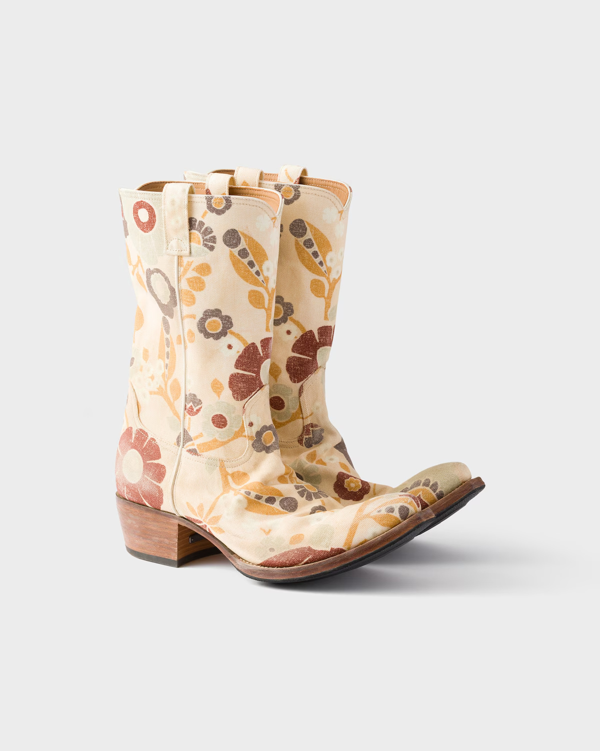 Prada Floral Block Heel Mid-calf Canvas Boots In Multi