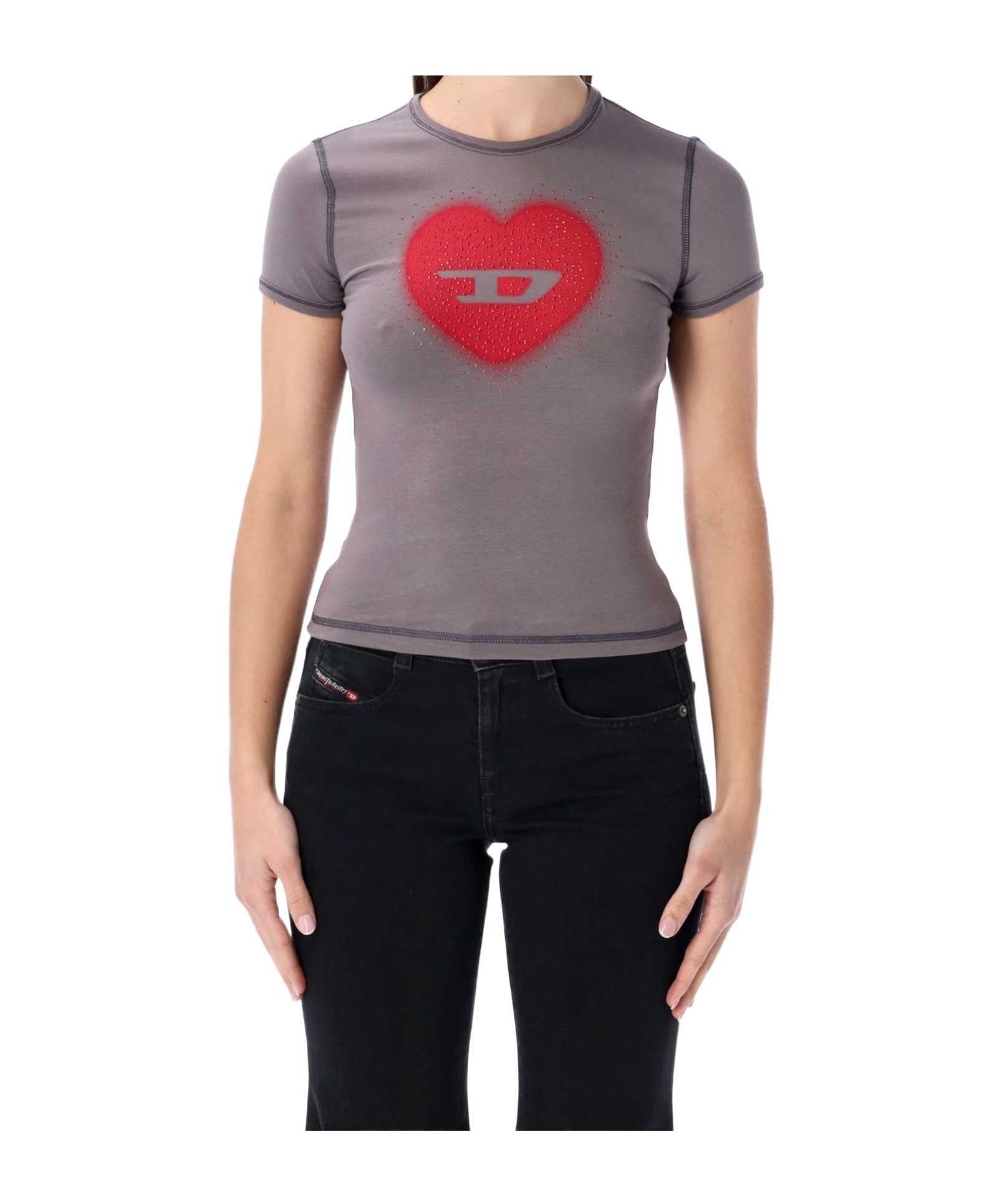 Diesel Grey Crewneck Logo Studded T-shirt In Gray