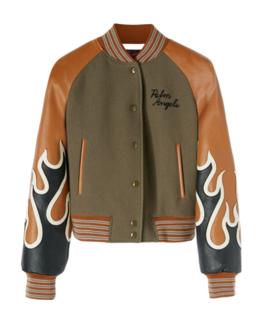 Palm Angels Burning Flames Leather Varsity Jacket In Brown