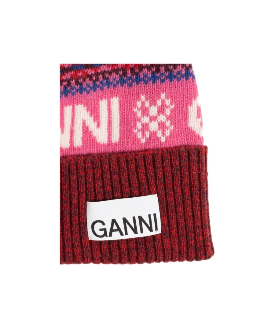 Ganni Patterned-intarsia Knitted Beanie In Red