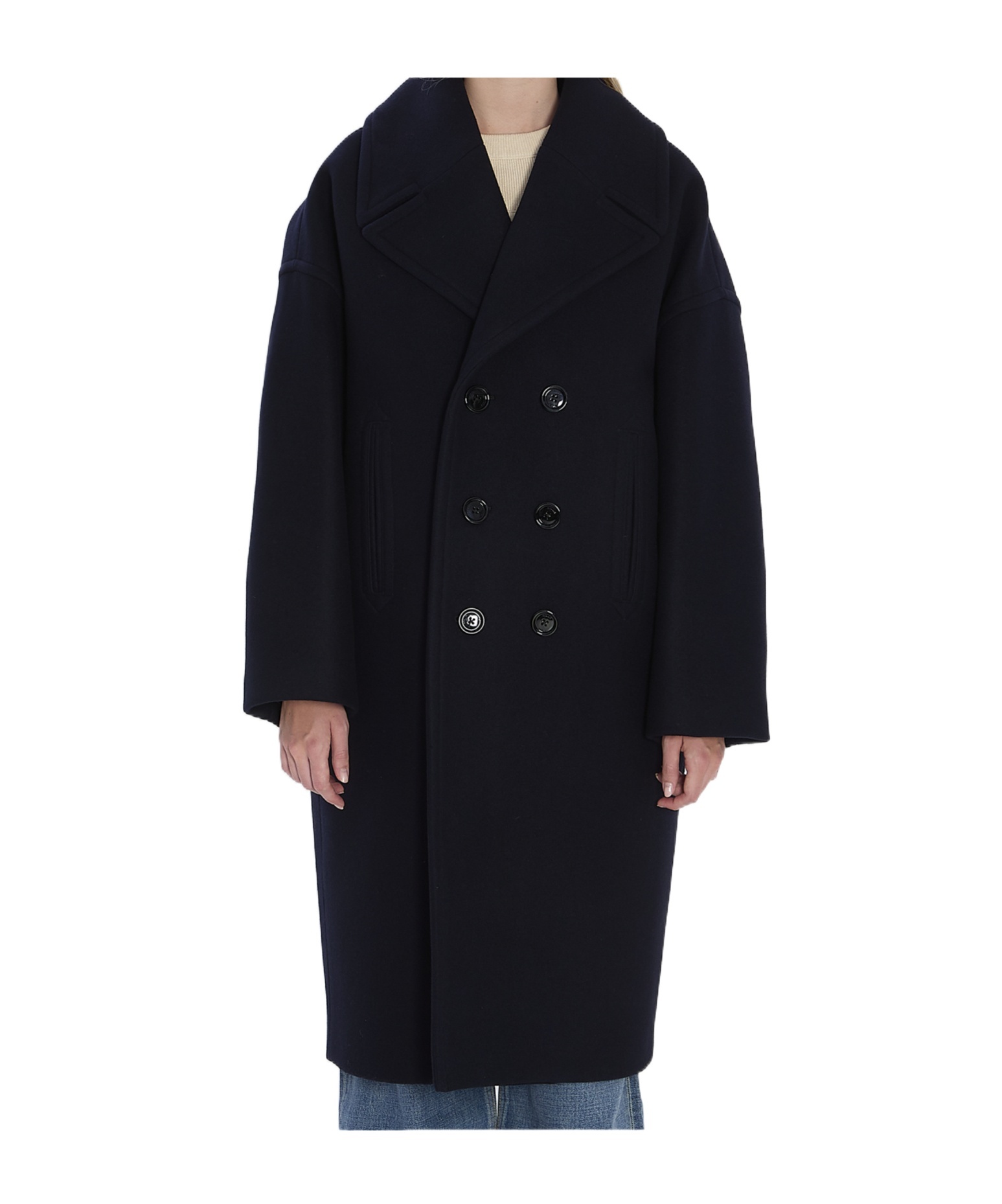 Celine Long Double-breasted Wool Peacoat With Notch Lapel In Blue