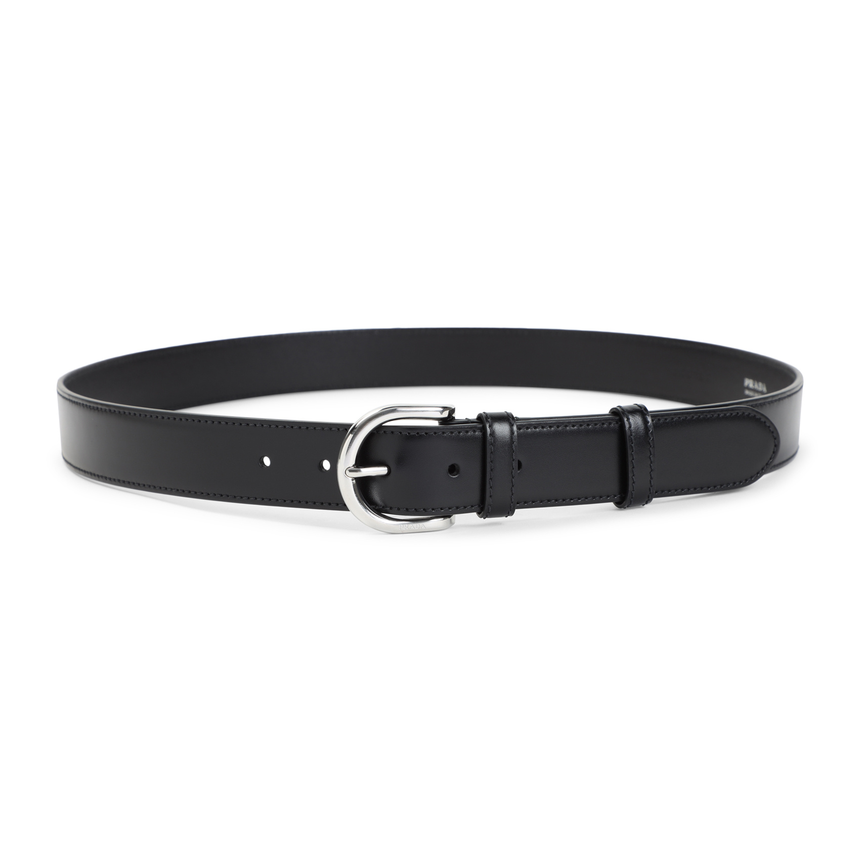Prada Adjustable Leather Belt With Round Silver Buckle In Black