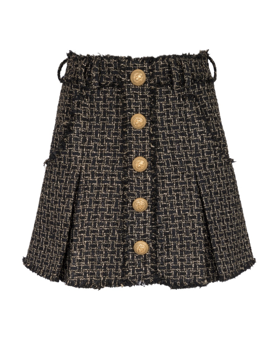Balmain Button-embellished Pleated Metallic Tweed Mini Skirt In Black