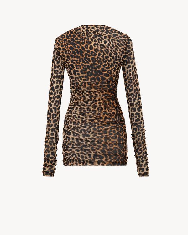 Saint Laurent Leopard-print Tulle Jersey Pleated Mini Dress In Brown