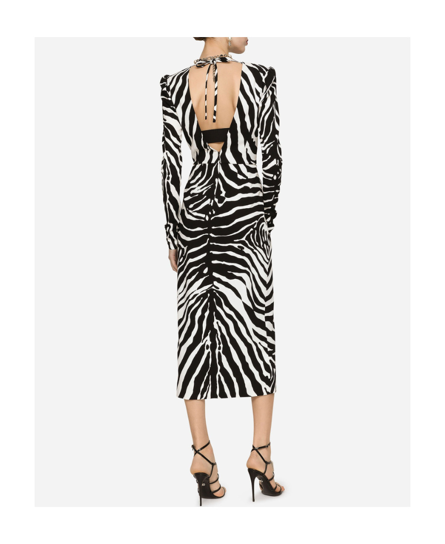 Dolce & Gabbana Ruched Zebra-print Crepe Midi Dress In Black