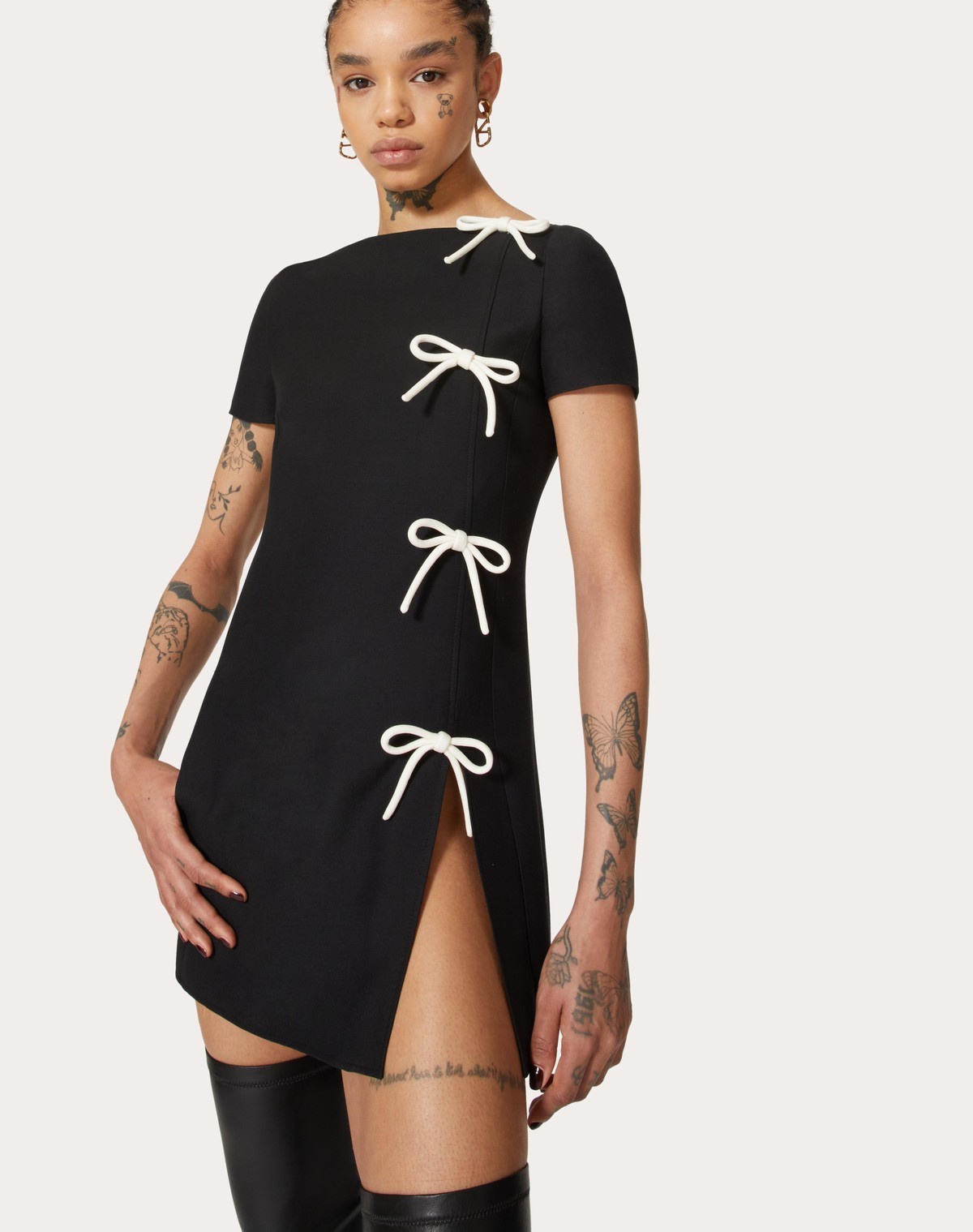 Valentino Crepe Couture Bow-embellished Minidress In Black
