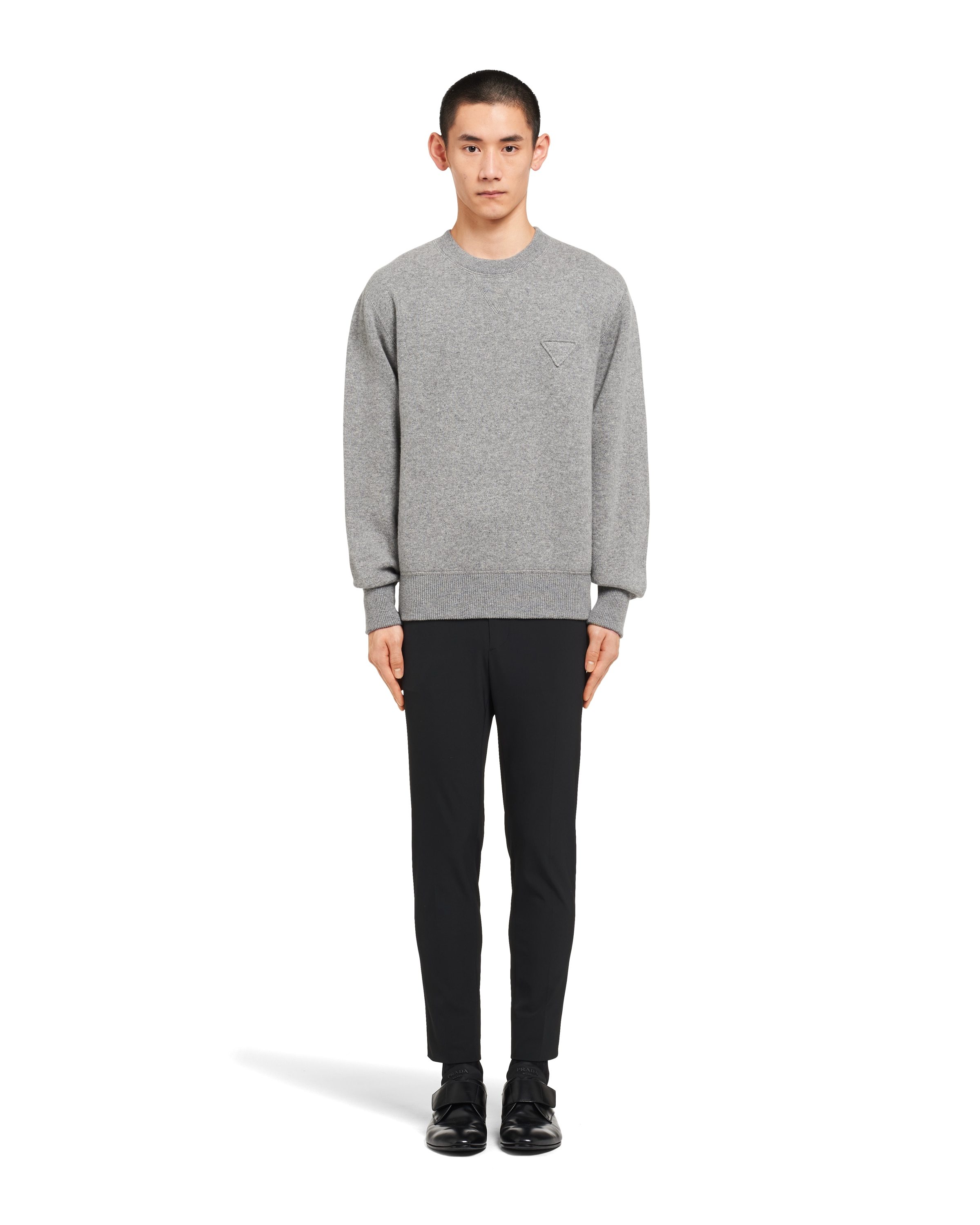 Prada Ribbed Crew-neck Cashmere Blend Sweater In Gray