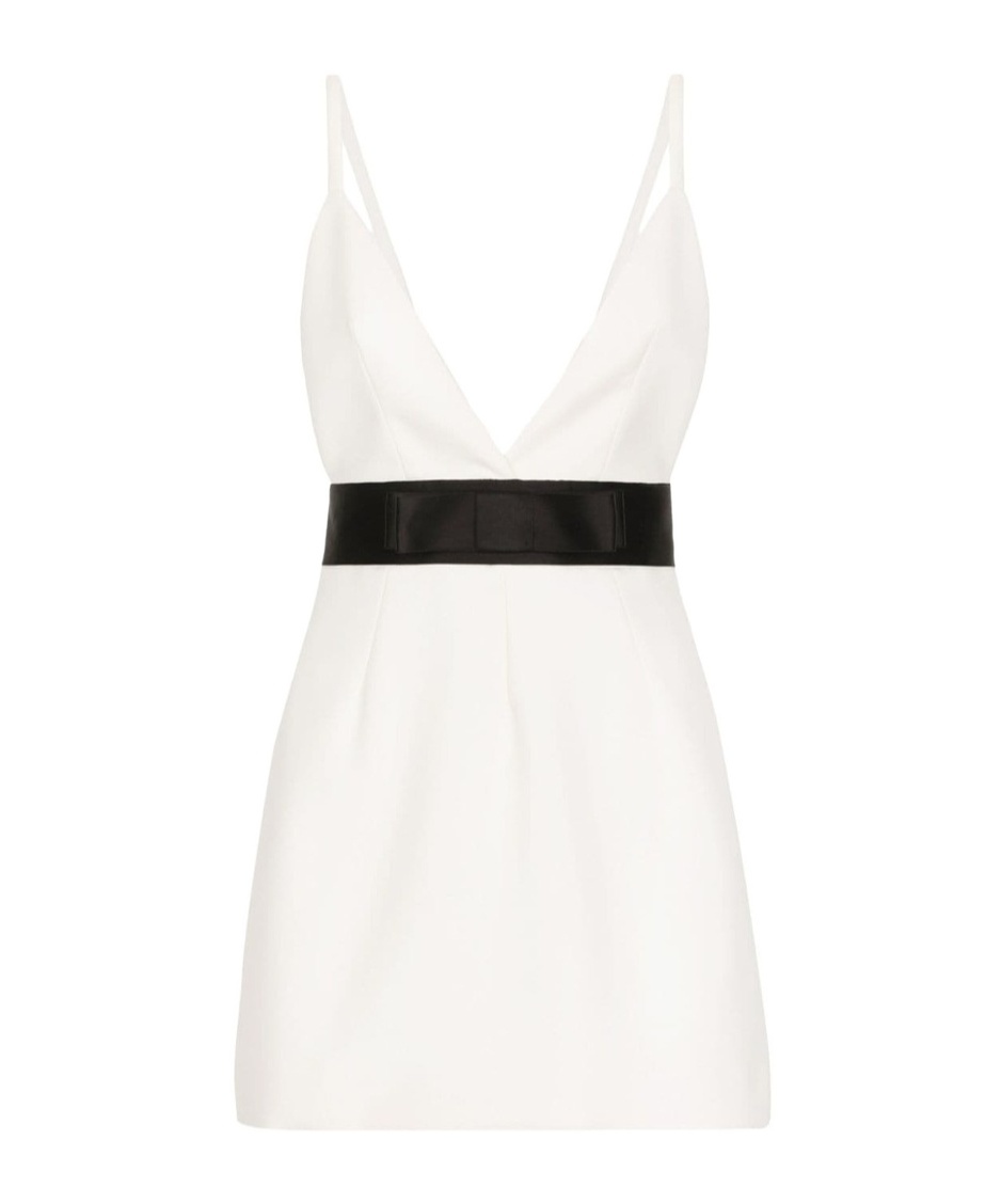 Dolce & Gabbana Woolen Dress With Satin Belt And Straps In Neutral