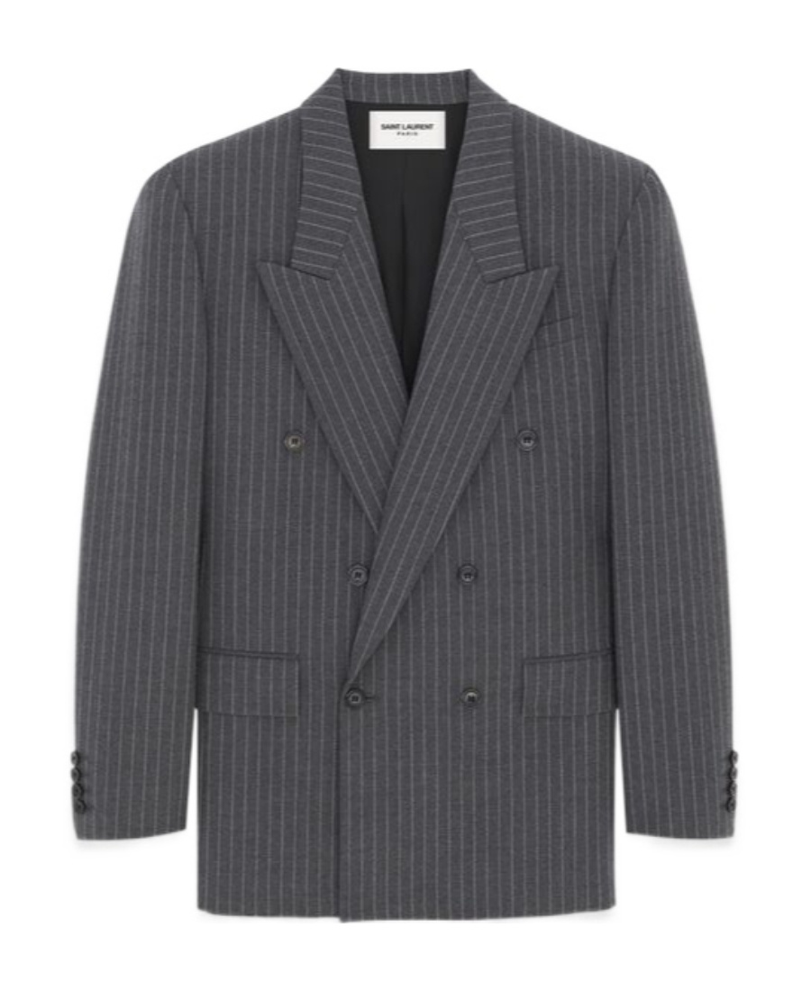 Saint Laurent Classic Pinstripe Double Breasted Blazer In Gray