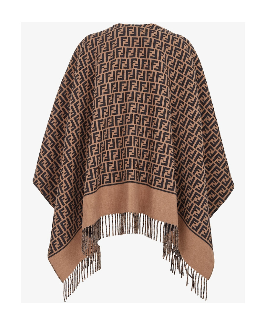 Fendi Women Brown Poncho With All-over Ff Motif And Logo Lettering Detail In Wool And Cashmere Woman In Brown