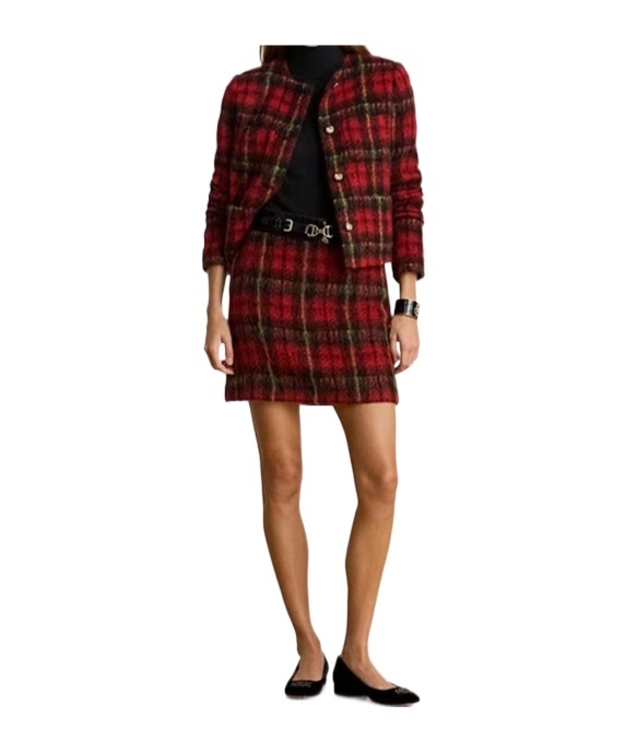 Ralph Lauren Mohair Plaid Pencil Mini Skirt In Brown