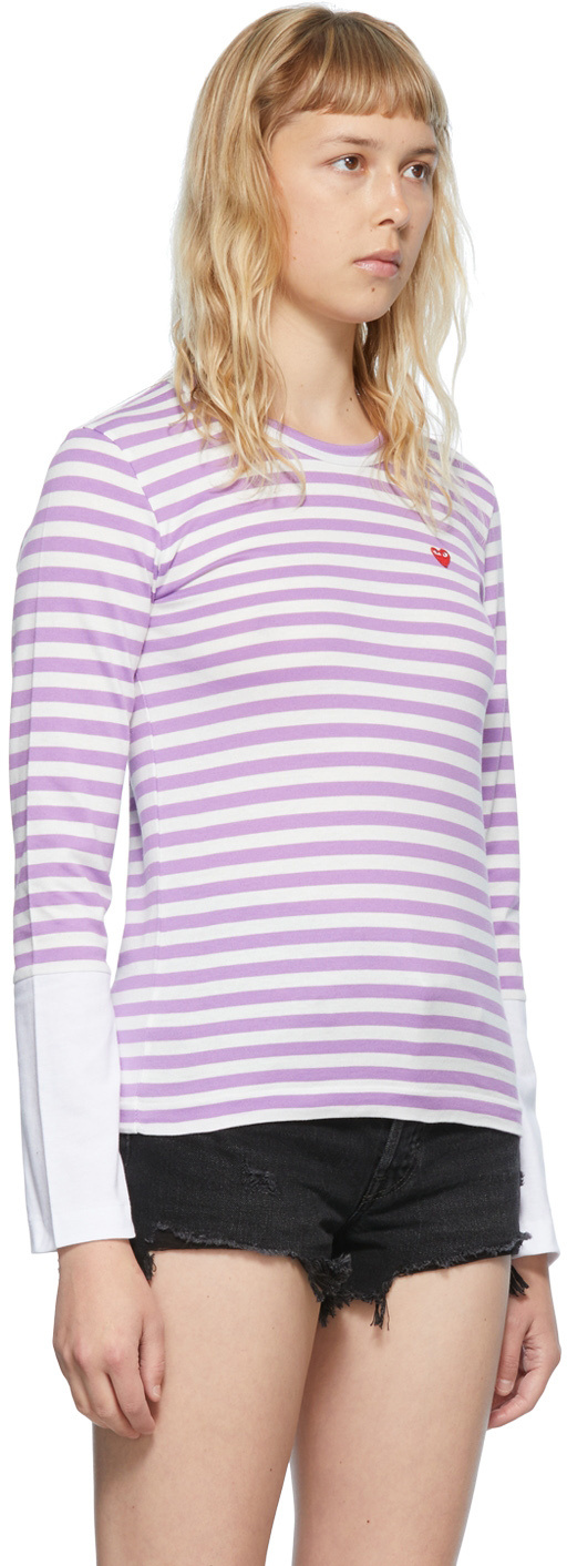 Comme Des Garçons Play White & Purple Small Heart Patch Long Sleeve T-shirt In White
