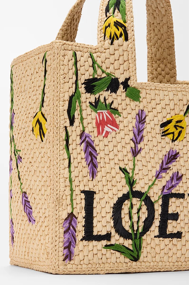 Loewe Font Flowers Small Raffia Tote Bag In Nude