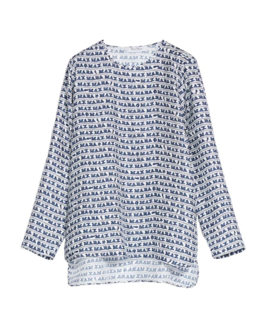 Max Mara Alatri Logo Print High-low Silk Blouse In Gray