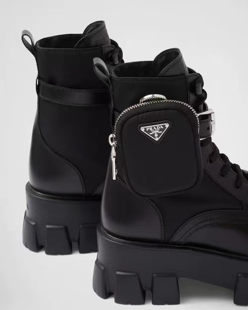 Prada Monolith Side Small Pocket Decorative Lacing Platform Martin Boots In Black