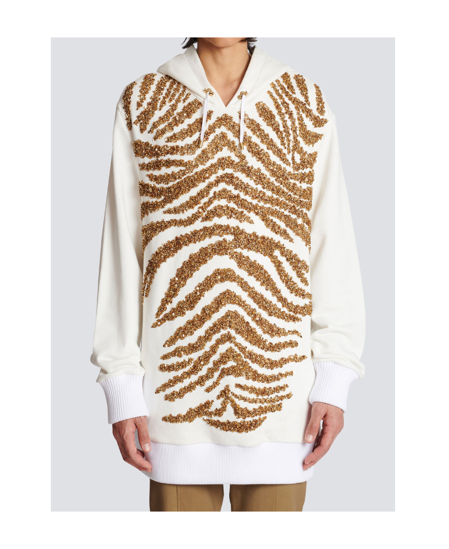Shop Balmain Hoodie With Embroidered Zebra Stripes In White