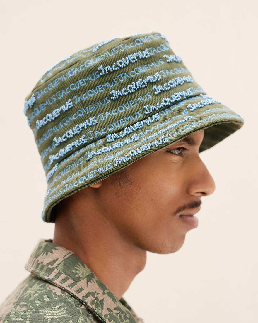 Jacquemus Khaki & Blue Le Raphia 'le Bob Bordado' Bucket Hat In Green