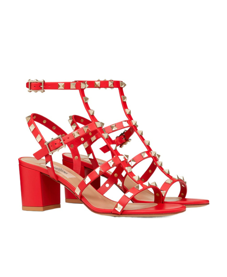 Valentino Garavani Red Leather Rockstud Sandal With Pyramid Studs And Block Heel In Red