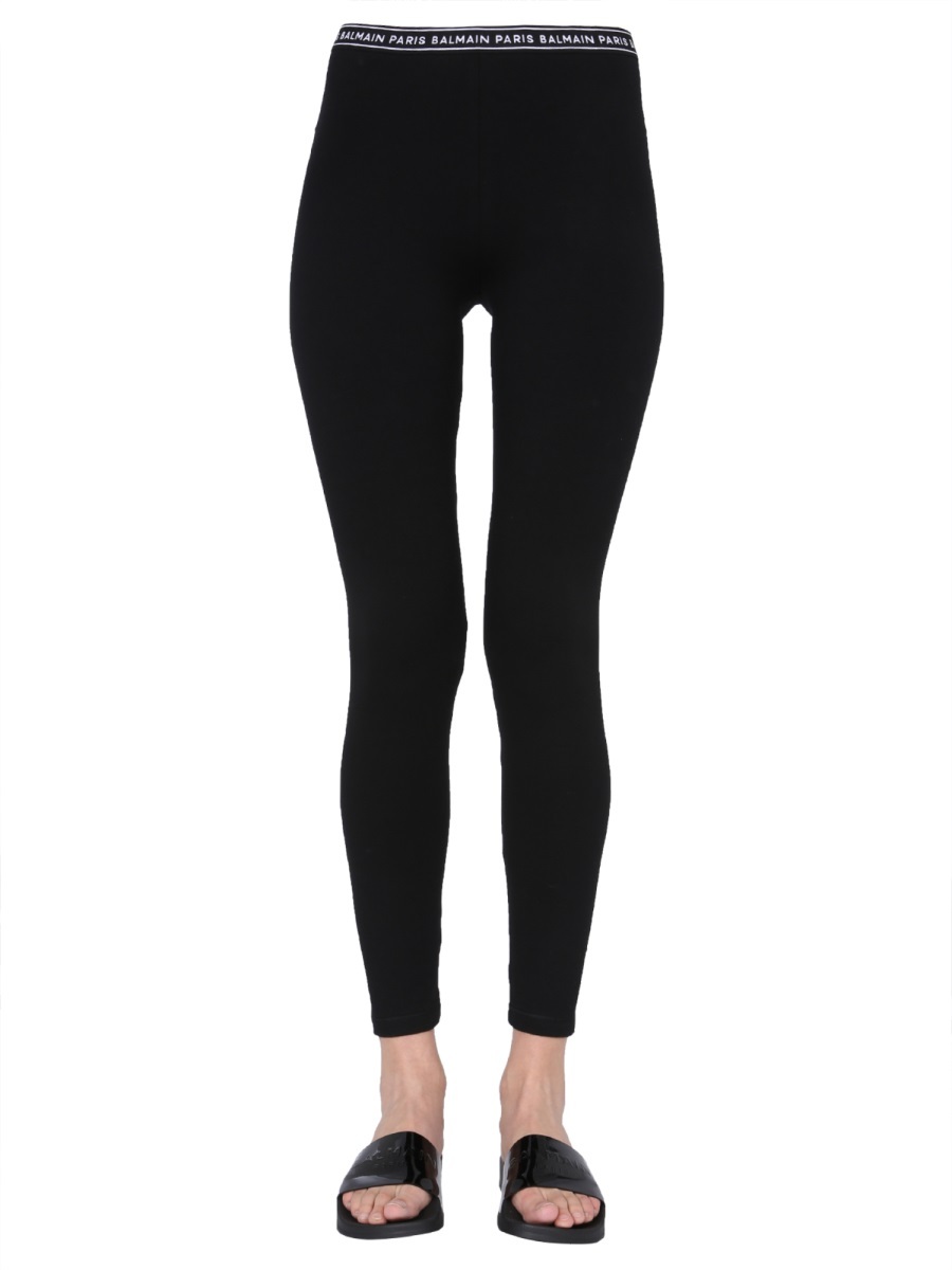 Balmain Logo-waistband Cotton-blend Leggings In Black