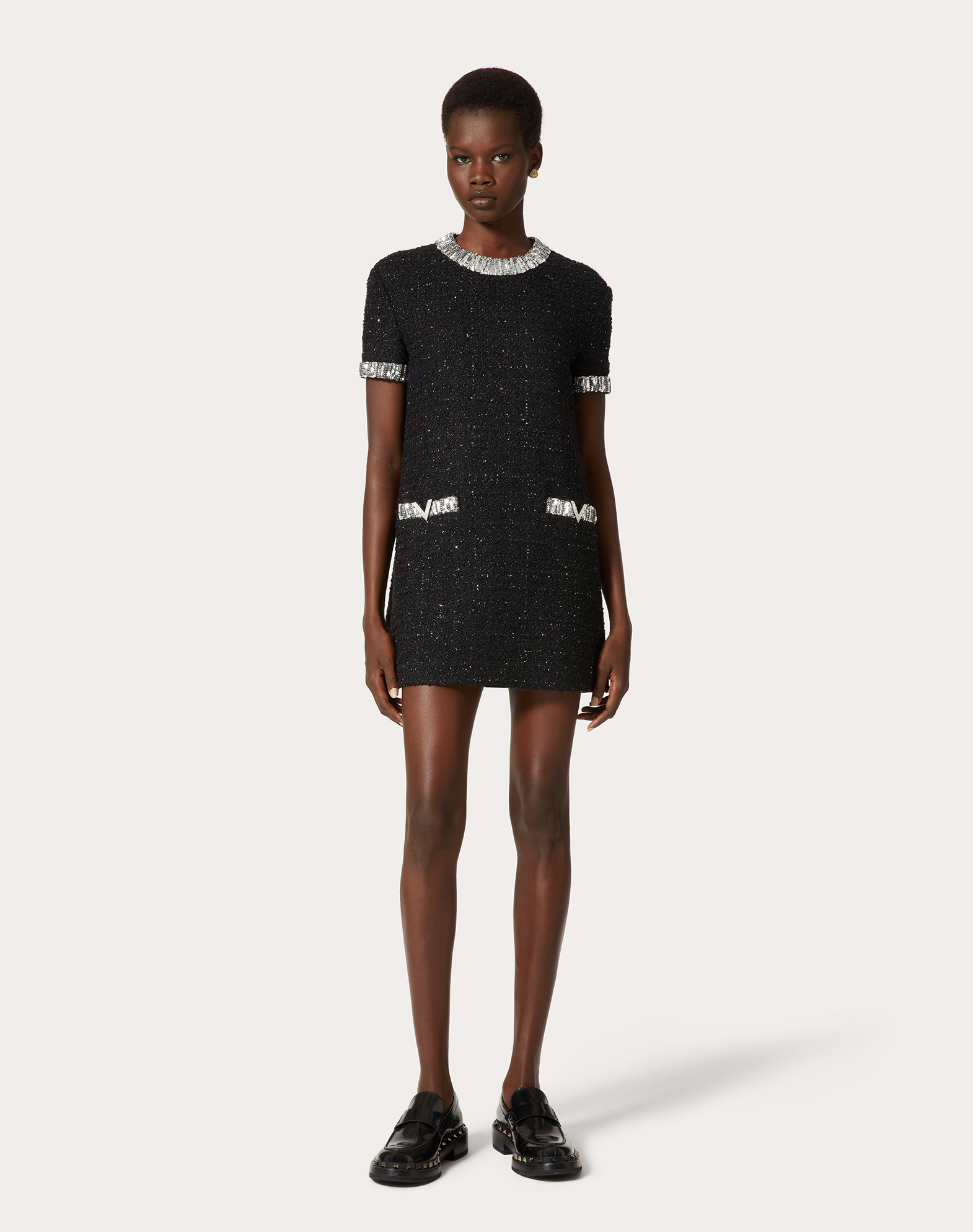 Valentino Tweed Embroidered Mini Dress With Patch Pockets In Black