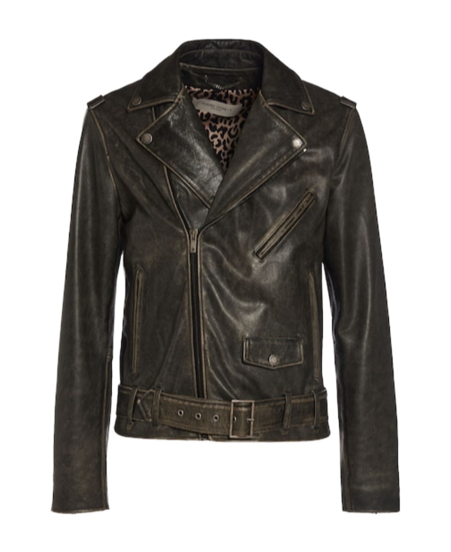 Golden Goose Black Biker Jacket With Notched Revers And Leopard Lining