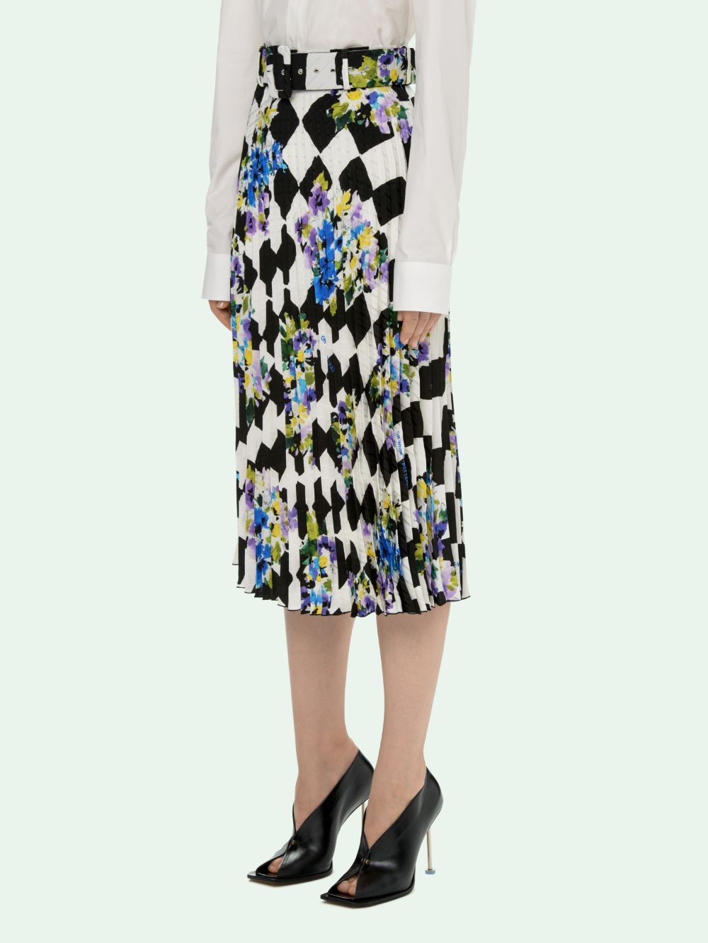 Off-white Floral-print Checked Skirt In Multicolor